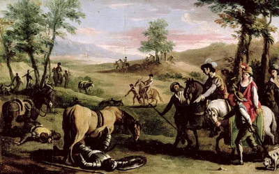 Don Quijote fällt vor den Herzögen vom Pferd